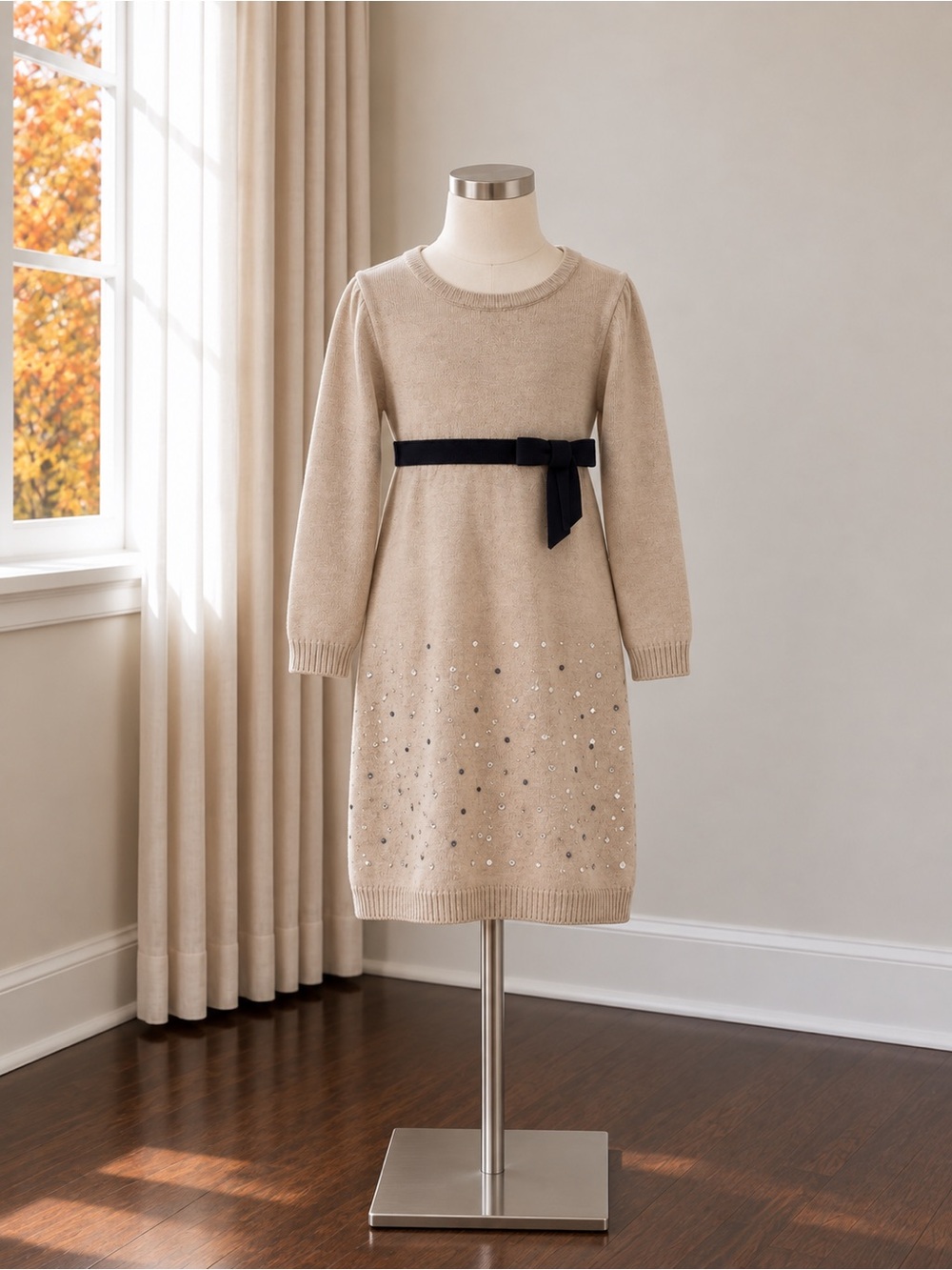 Girls' Cream Knit Dress with Black Bow and Gem Detail